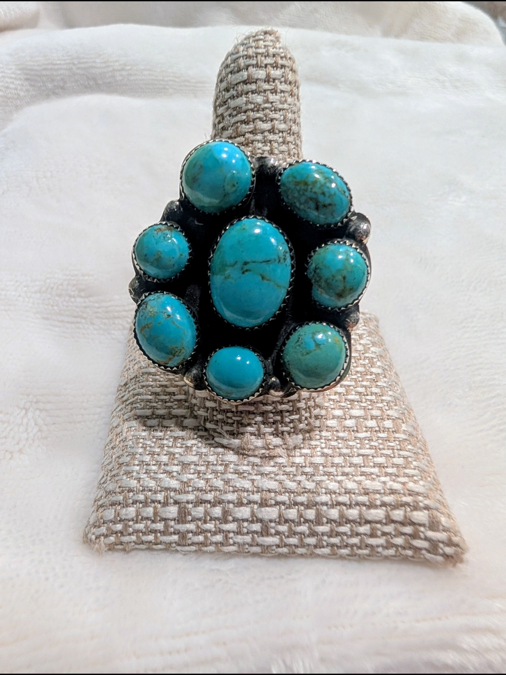 Native Turquoise Cluster Ring in Bright Blue Stones